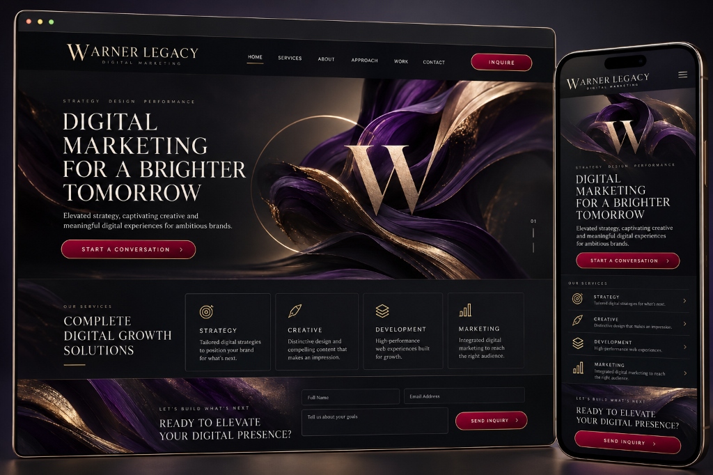 Warner Legacy brand identity and website design rendered across desktop and mobile displays